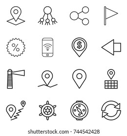 thin line icon set : pointer, share, flag, percent, phone wireless, dollar pin, left arrow, lighthouse, geo, map, route, handwheel, compass, reload