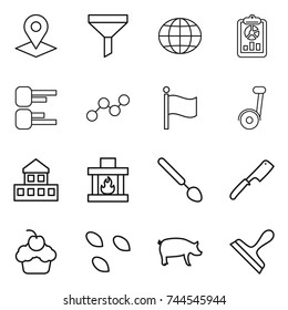 thin line icon set : pointer, funnel, globe, report, diagram, graph, flag, segway, cottage, fireplace, big spoon, chef knife, cupcake, seeds, pig, scraper