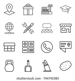 thin line icon set : pointer, gift, cashbox, graduate hat, globe connect, pencil wrench, structure, shop, market, calculator, phone, location details, heavy, scoop, stands for knives, potato