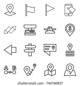 thin line icon set : pointer, flag, touch, up down arrow, market scales, dollar pin, left, singlepost, location details, map, route a to b