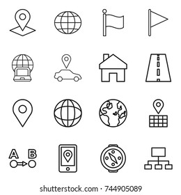 thin line icon set : pointer, globe, flag, notebook, car, home, road, geo pin, map, route a to b, mobile location, compass, hierarchy