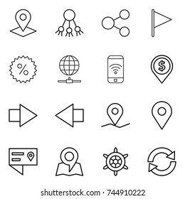 thin line icon set : pointer, share, flag, percent, globe connect, phone wireless, dollar pin, right arrow, left, geo, location details, map, handwheel, reload