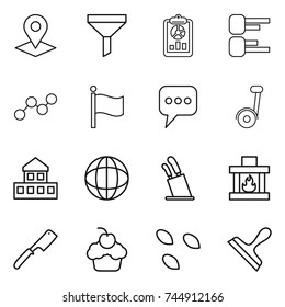 thin line icon set : pointer, funnel, report, diagram, graph, flag, message, segway, cottage, globe, stands for knives, fireplace, chef knife, cupcake, seeds, scraper