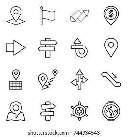 thin line icon set : pointer, flag, up down arrow, dollar pin, right, singlepost, trip, geo, map, route, escalator, signpost, handwheel, compass