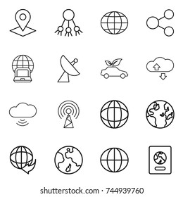 thin line icon set : pointer, share, globe, notebook, satellite antenna, eco car, cloude service, cloud wireless, delivery, earth, passport