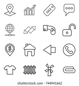 thin line icon set : pointer, diagram, sale, message, globe connect, up down arrow, hand coin, unlock, dollar pin, home, left, phone, t shirt, radiator, windmill, towel