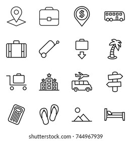 thin line icon set : pointer, portfolio, dollar pin, bus, suitcase, baggage get, palm, trolley, hotel, transfer, signpost, inflatable mattress, flip flops, landscape, bed