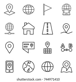 thin line icon set : pointer, globe, flag, notebook, connect, home, road, geo pin, location details, map, route a to b, mobile, earth