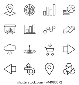 thin line icon set : pointer, target, graph, diagram, presentation, up down arrow, cloud wireless, add to cart, right, left, trip, geo pin, recycling