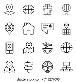 thin line icon set : pointer, globe, notebook, connect, dollar pin, home, location details, map, mobile, plane shipping, signpost, compass, hierarchy