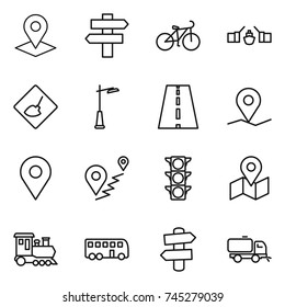 thin line icon set : pointer, singlepost, bike, drawbridge, under construction, outdoor light, road, geo pin, route, traffic, map, train, bus, signpost, sweeper