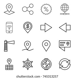 thin line icon set : pointer, share, percent, globe connect, phone wireless, dollar pin, right arrow, left, lighthouse, geo, location details, map, handwheel, compass, reload