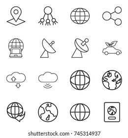 thin line icon set : pointer, share, globe, notebook, satellite antenna, eco car, cloude service, cloud wireless, delivery, earth, passport