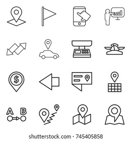 thin line icon set : pointer, flag, touch, presentation, up down arrow, car, market scales, dollar pin, left, location details, map, route a to b