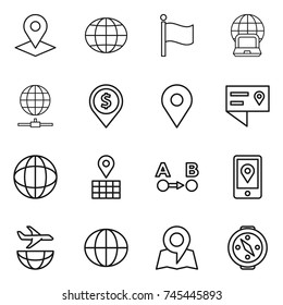thin line icon set : pointer, globe, flag, notebook, connect, dollar pin, geo, location details, map, route a to b, mobile, plane shipping, compass