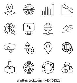 thin line icon set : pointer, target, graph, crisis, dollar arrow, monitor, globe connect, up down, cloude service, trip, geo pin, delivery, package, compass, reload, recycling