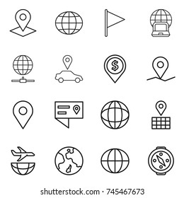 thin line icon set : pointer, globe, flag, notebook, connect, car, dollar pin, geo, location details, map, plane shipping, earth, compass