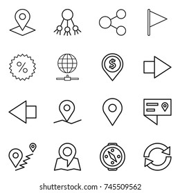 thin line icon set : pointer, share, flag, percent, globe connect, dollar pin, right arrow, left, geo, location details, route, map, compass, reload