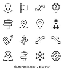 thin line icon set : pointer, flag, up down arrow, dollar pin, singlepost, geo, map, route, escalator, signpost, handwheel, compass
