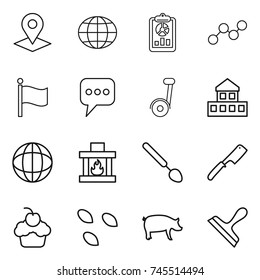 thin line icon set : pointer, globe, report, graph, flag, message, segway, cottage, fireplace, big spoon, chef knife, cupcake, seeds, pig, scraper