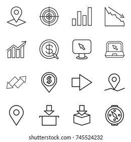thin line icon set : pointer, target, graph, crisis, diagram, dollar arrow, monitor, notebook, up down, pin, right, geo, package, compass