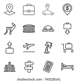 thin line icon set : pointer, portfolio, car, dollar pin, greate wall, airport building, dome house, baggage get, departure, palm, trolley, hotel, signpost, inflatable mattress, bed