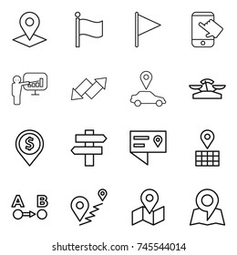 thin line icon set : pointer, flag, touch, presentation, up down arrow, car, scales, dollar pin, singlepost, location details, map, route a to b
