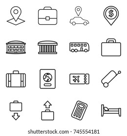 thin line icon set : pointer, portfolio, car, dollar pin, airport building, bus, suitcase, passport, ticket, baggage get, inflatable mattress, bed