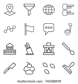 thin line icon set : pointer, funnel, globe, diagram, graph, flag, message, segway, cottage, stands for knives, fireplace, big spoon, chef knife, cupcake, seeds, scraper