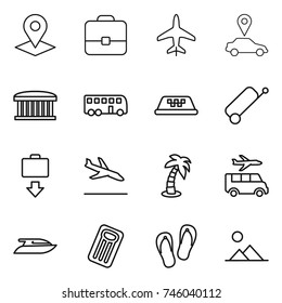 thin line icon set : pointer, portfolio, plane, car, airport building, bus, taxi, suitcase, baggage get, arrival, palm, transfer, yacht, inflatable mattress, flip flops, landscape