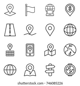 thin line icon set : pointer, flag, notebook globe, dollar pin, road, geo, map, mobile location, earth, signpost, compass