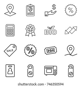 thin line icon set : pointer, report, investment, percent, calculator, medal, bio, up down arrow, sale label, ticket, geo pin, identity card, do not distrub, grill oven
