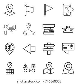 thin line icon set : pointer, flag, touch, presentation, car, market scales, dollar pin, left arrow, singlepost, location details, map, route a to b