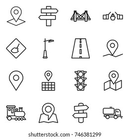 thin line icon set : pointer, singlepost, bridge, drawbridge, under construction, outdoor light, road, geo pin, map, traffic, train, signpost, sweeper