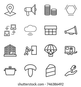 thin line icon set : pointer, loudspeaker, coin stack, hex molecule, notebook connect, cloud wireless, market, office, courier delivery, parachute, trailer, pan, mushroom, cake, hand leaf