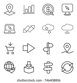 thin line icon set : pointer, graph, dollar arrow, monitor, notebook, up down, cloude service, cloud wireless, add to cart, right, signpost, geo pin, delivery, package, reload