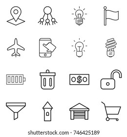 thin line icon set : pointer, share, bulb, flag, plane, touch, battery, bin, money, unlock, funnel, tower, garage, cart