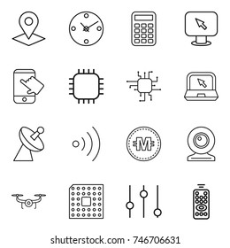 thin line icon set : pointer, clock, calculator, monitor arrow, touch, chip, notebook, satellite antenna, wireless, crypto currency, web cam, drone, cpu, equalizer, remote control