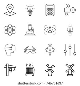 thin line icon set : pointer, bulb, calculator, satellite, atom, microscope, eye identity, smart watch, virtual mask, glasses, jet robot, equalizer, tower crane, radiator, windmill