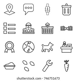thin line icon set : pointer, message, smart watch, bin, list, mansion, university, school, medal, earth, dog, reception, washing, seeds, wrench, carrot