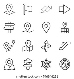 thin line icon set : pointer, flag, up down arrow, right, singlepost, geo pin, map, route, escalator, signpost, handwheel, compass
