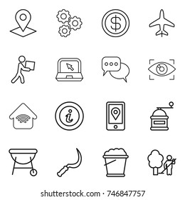 thin line icon set : pointer, gear, dollar, plane, courier, notebook, discussion, eye identity, wireless home, info, mobile location, hand mill, bbq, sickle, foam bucket, garden cleaning