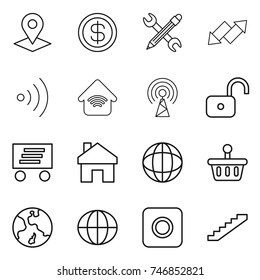 thin line icon set : pointer, dollar, pencil wrench, up down arrow, wireless, home, antenna, unlock, delivery, globe, basket, earth, ring button, stairs
