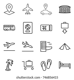 thin line icon set : pointer, plane, car, airport building, bus, passport, ticket, baggage get, departure, arrival, hotel, tent, palm, trolley, flip flops, bed
