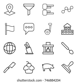 thin line icon set : pointer, funnel, diagram, graph, flag, message, segway, cottage, globe, stands for knives, fireplace, big spoon, chef knife, cupcake, pig, scraper