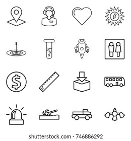 thin line icon set : pointer, call center, heart, sun power, target, vial, jet robot, wc, dollar coin, ruler, package, bus, alarm, soil cutter, pickup, hard reach place cleaning