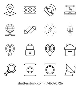 thin line icon set : pointer, money, call, notebook, globe connect, up down arrow, lightning, smart watch, antenna, lock, dollar pin, home, magnifier, ring button, satellite