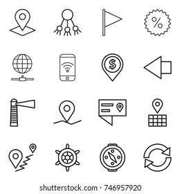 thin line icon set : pointer, share, flag, percent, globe connect, phone wireless, dollar pin, left arrow, lighthouse, geo, location details, map, route, handwheel, compass, reload