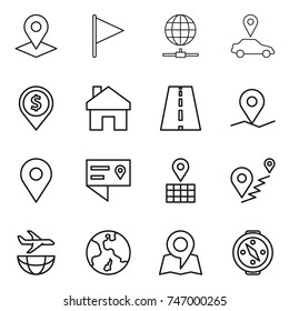 thin line icon set : pointer, flag, globe connect, car, dollar pin, home, road, geo, location details, map, route, plane shipping, earth, compass