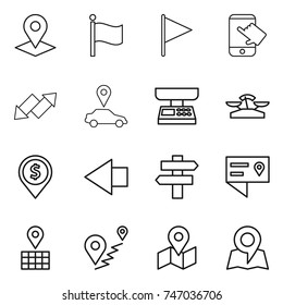 thin line icon set : pointer, flag, touch, up down arrow, car, market scales, dollar pin, left, singlepost, location details, map, route
